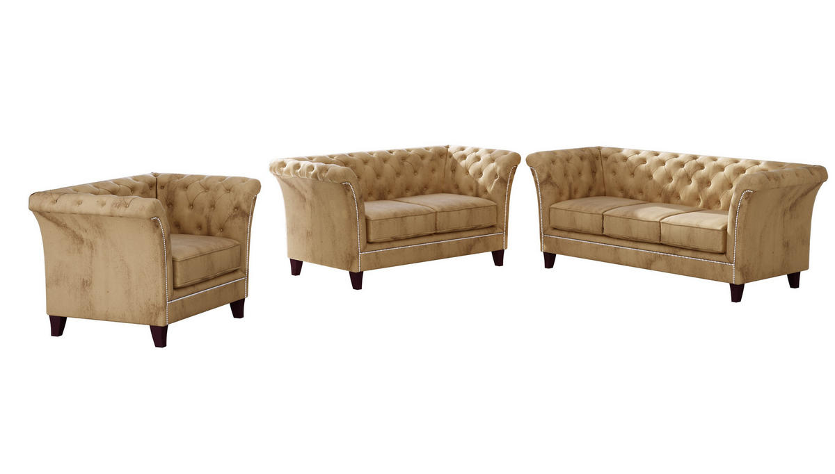 CHESTERFIELD-SOFA 3-Sitzer Fusion Beige Samt - Beige/Braun, Holz/Textil (237/75/82cm) - S-Style Möbel