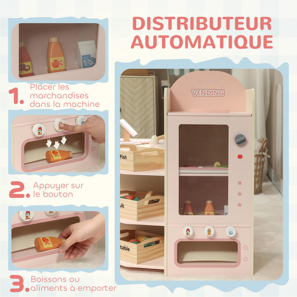 SPIELSUPERMARKT DE-18739 mit Kasse, Waage & Kühlschrank Grün - Pink, Holzwerkstoff (60/73.8/90.7cm) - ComfortXL