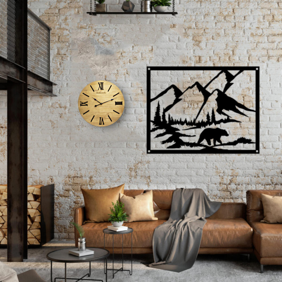 WANDUHR Holz Designer MERZIG Loft Wand Uhr, beige, schwarz - Beige, Holz/Metall (60/60/3.2cm) - Holzwerk