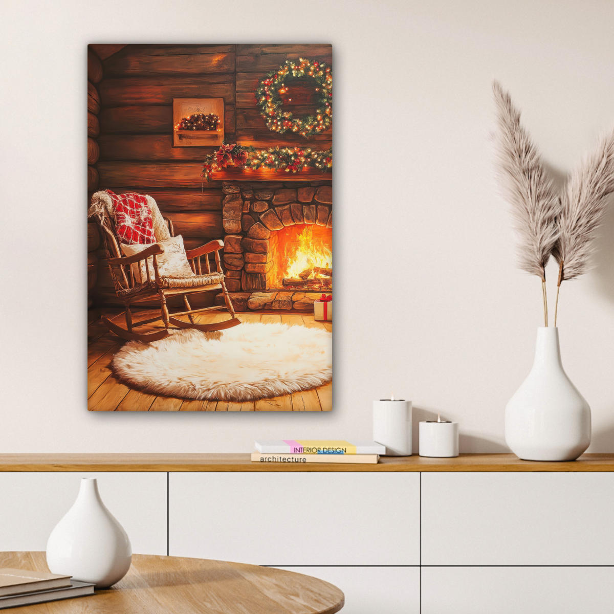 LEINWANDBILD Winter - Weihnachten - Zuhause - Kamin 60x90 cm - Bernsteinfarben, Textil (60/90cm) - MuchoWow