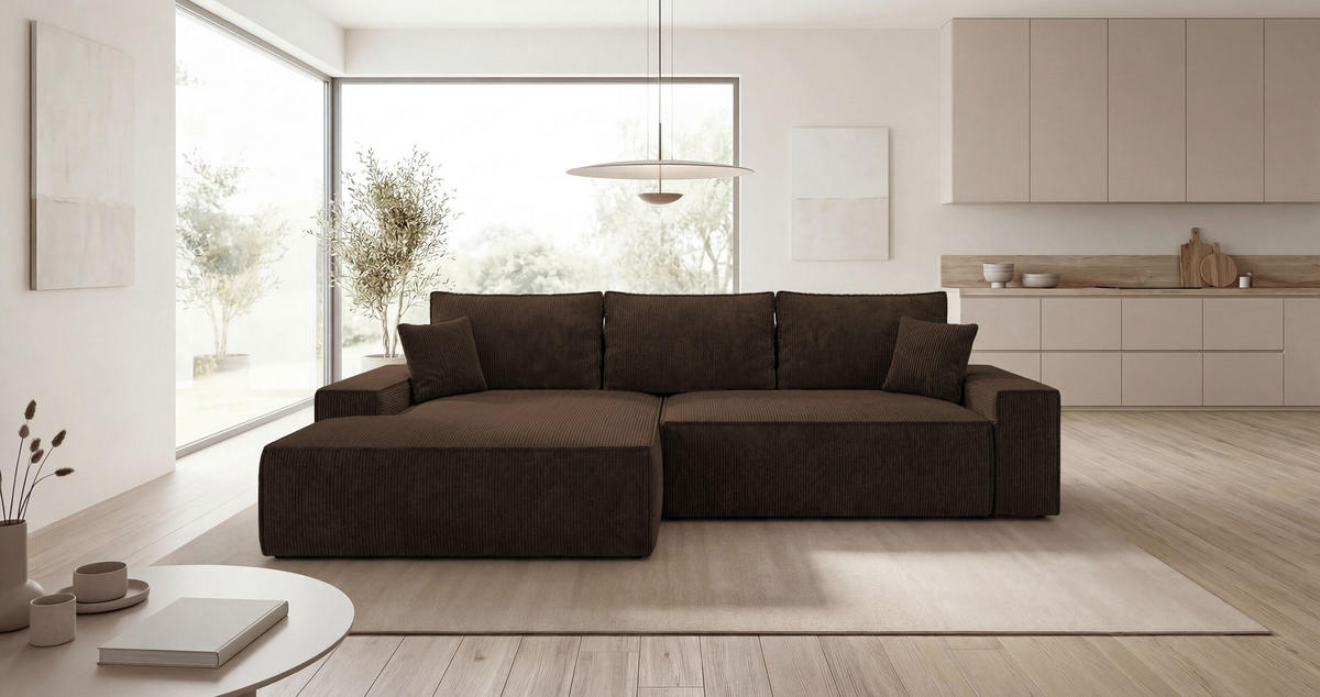 ECKSOFA VERONA links braun Cord Poso 6 - Schlaffunktion, Bettkasten - Braun, Textil (280/185cm) - Cornero