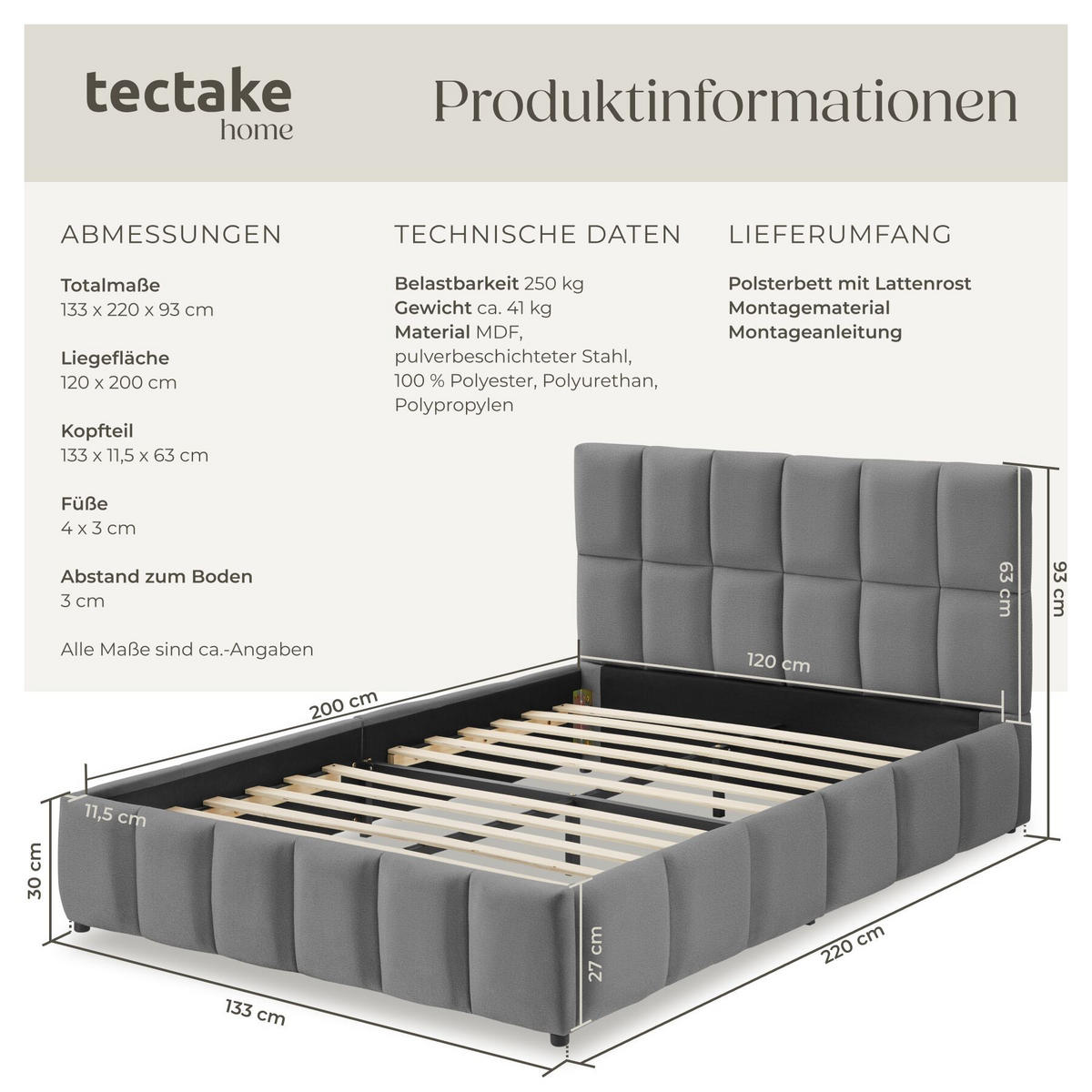 POLSTERBETT Shirley, Belastbarkeit 250 kg, Samtoptik dunkelgrau - Dunkelgrau, Holz (120/200cm) - tectake