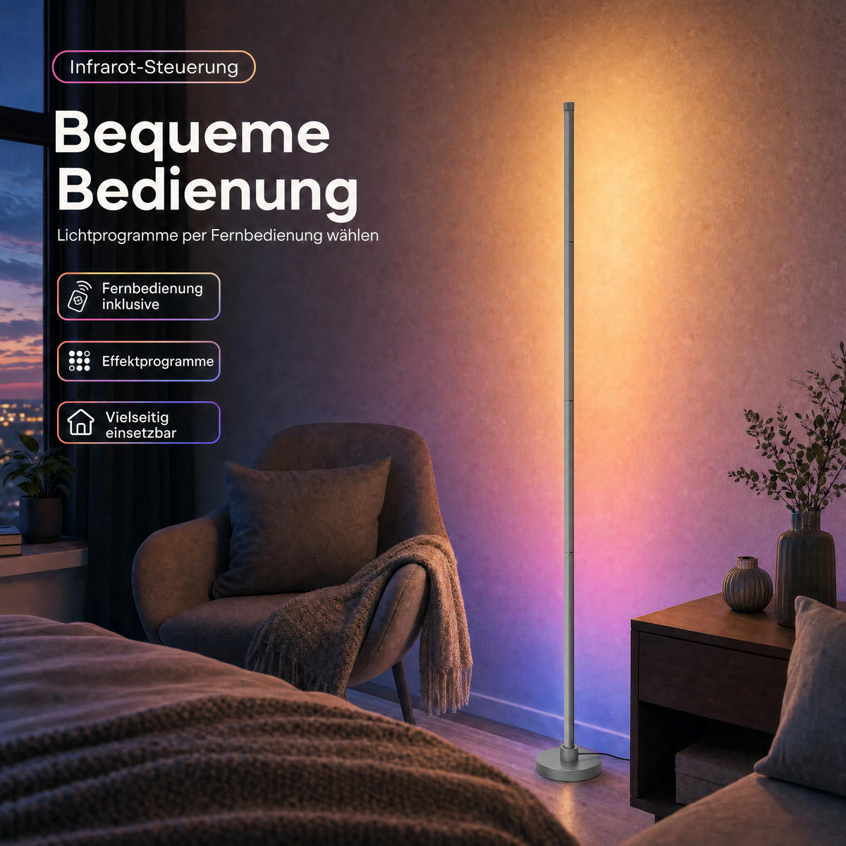 LED-ECKLAMPE - mit Fernbedienung und Soundsensor für RGB- und warmweiße Beleuchtung in Grau - Grau, Kunststoff (15.5/15.5/147.5cm) - Northpoint