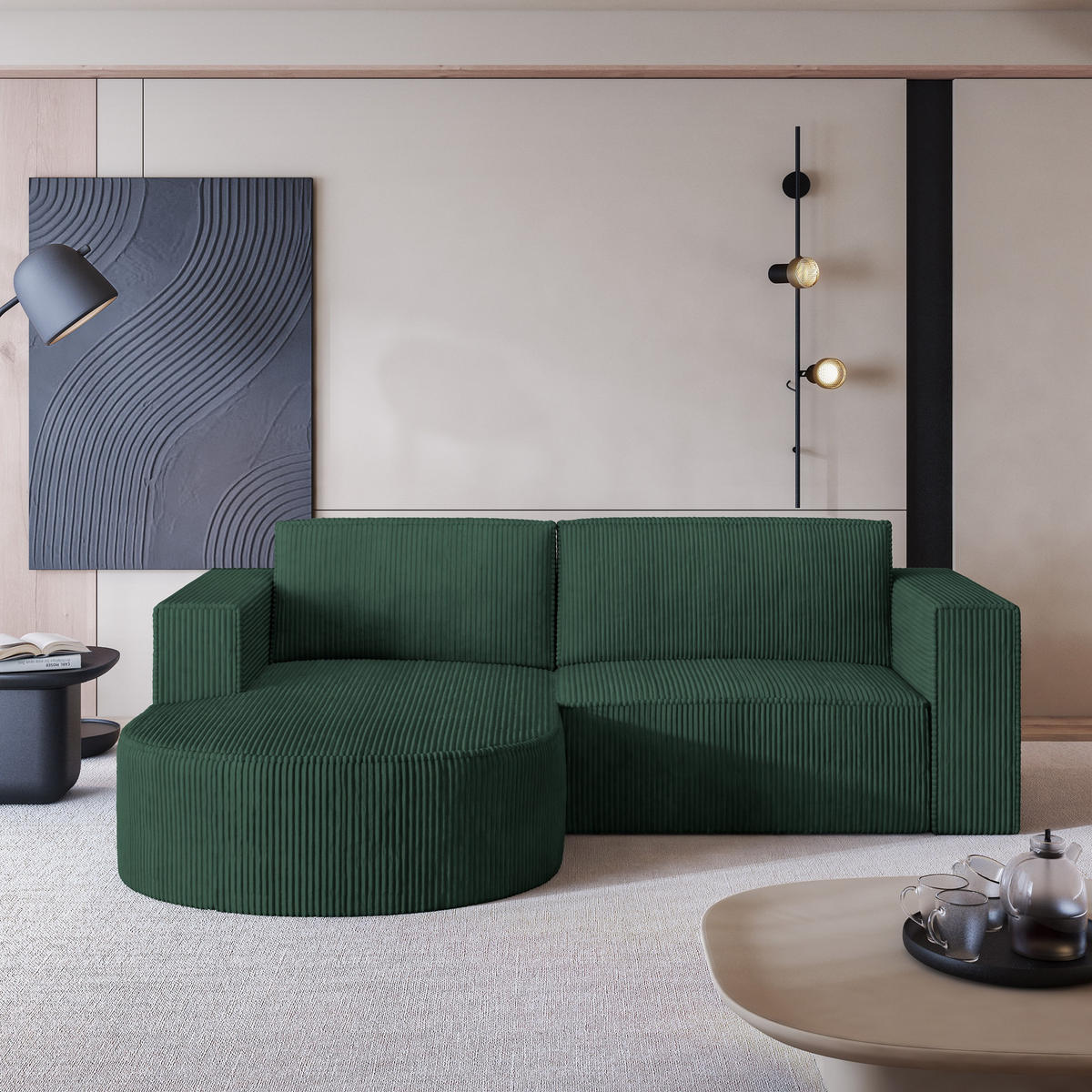 ECKSOFA SORELA P L-S Grün Kordstoff mit Schlaffunktion - Grün, Holz (263/174cm) - MASSENO