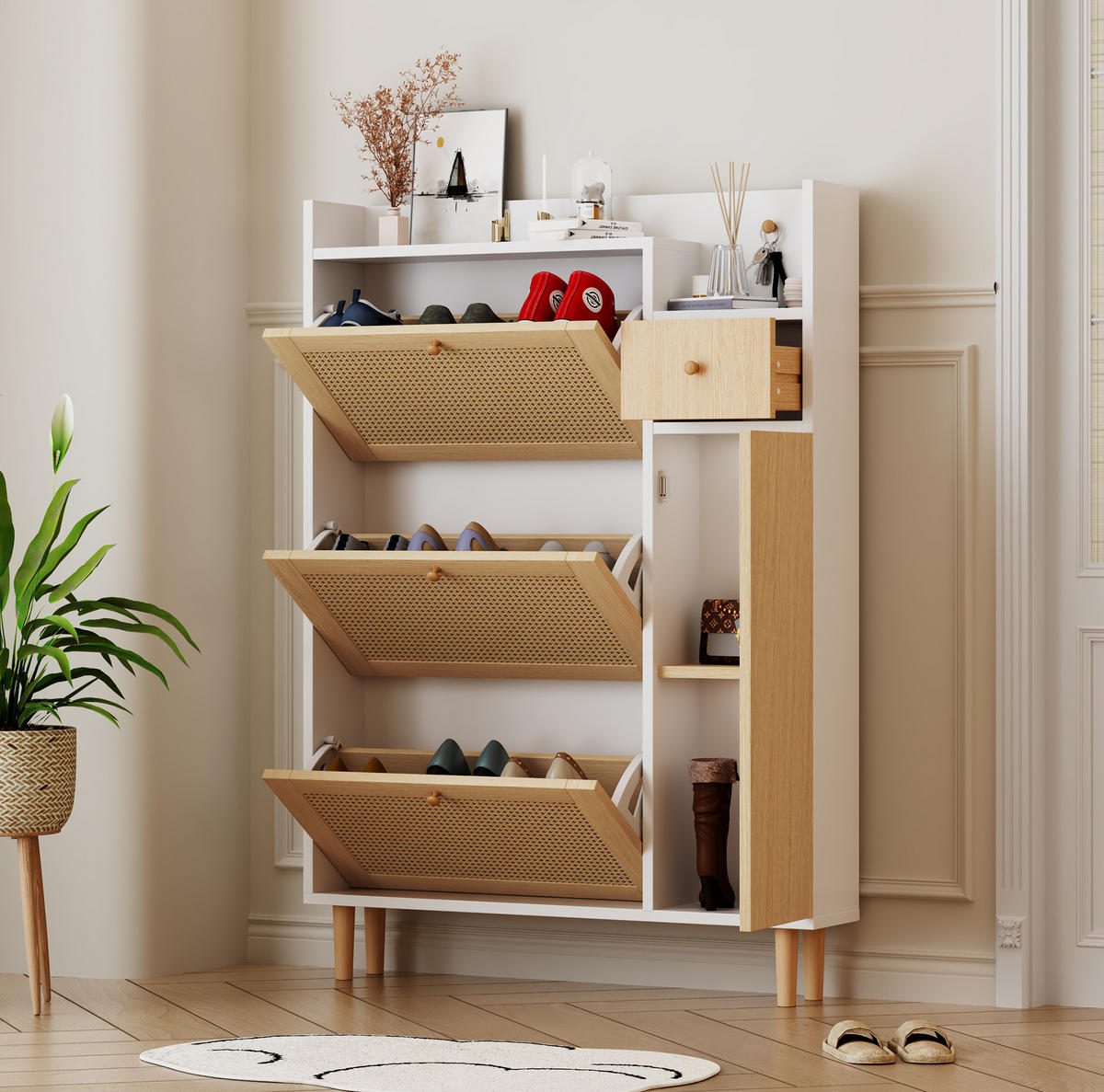 SCHUHSCHRANK 90/125/17 cm Natur/Weiß aus MDF mit 3 Klappen und Schublade - Weiß, Holzwerkstoff (90/125/17cm) - OKMYHOME