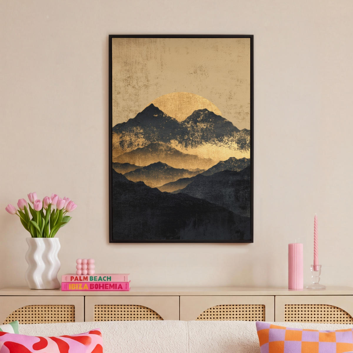 LEINWAND Bilder mit Rahmen - Goldene Berge bei Mondschein - 60x90 - Goldfarben, Textil (60/90cm) - MuchoWow