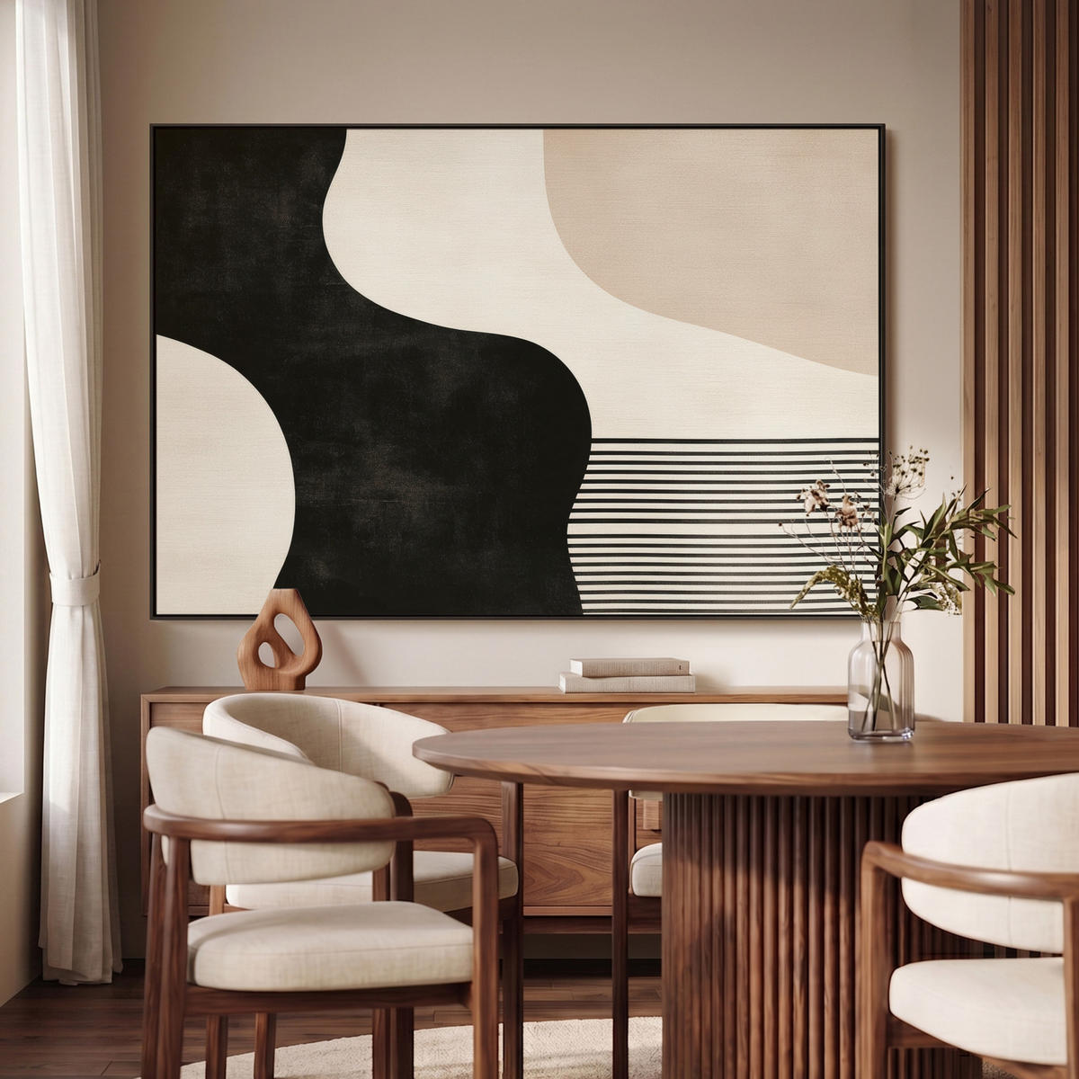 LEINWAND Bilder mit Rahmen - Abstrakt - Japandi - Beige - Modern - 120x80 - Schwarz, Textil (120/80cm) - MuchoWow