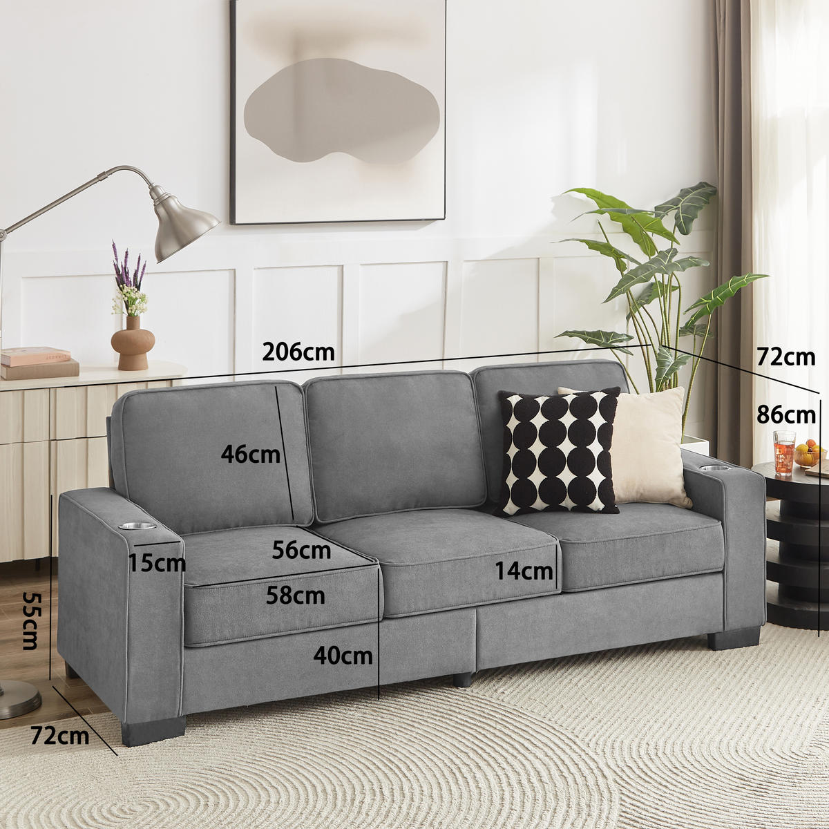 3-SITZER-SOFA DE-35029 mit Getränkehaltern Grau - Grau, Textil (72/86/206cm) - ComfortXL