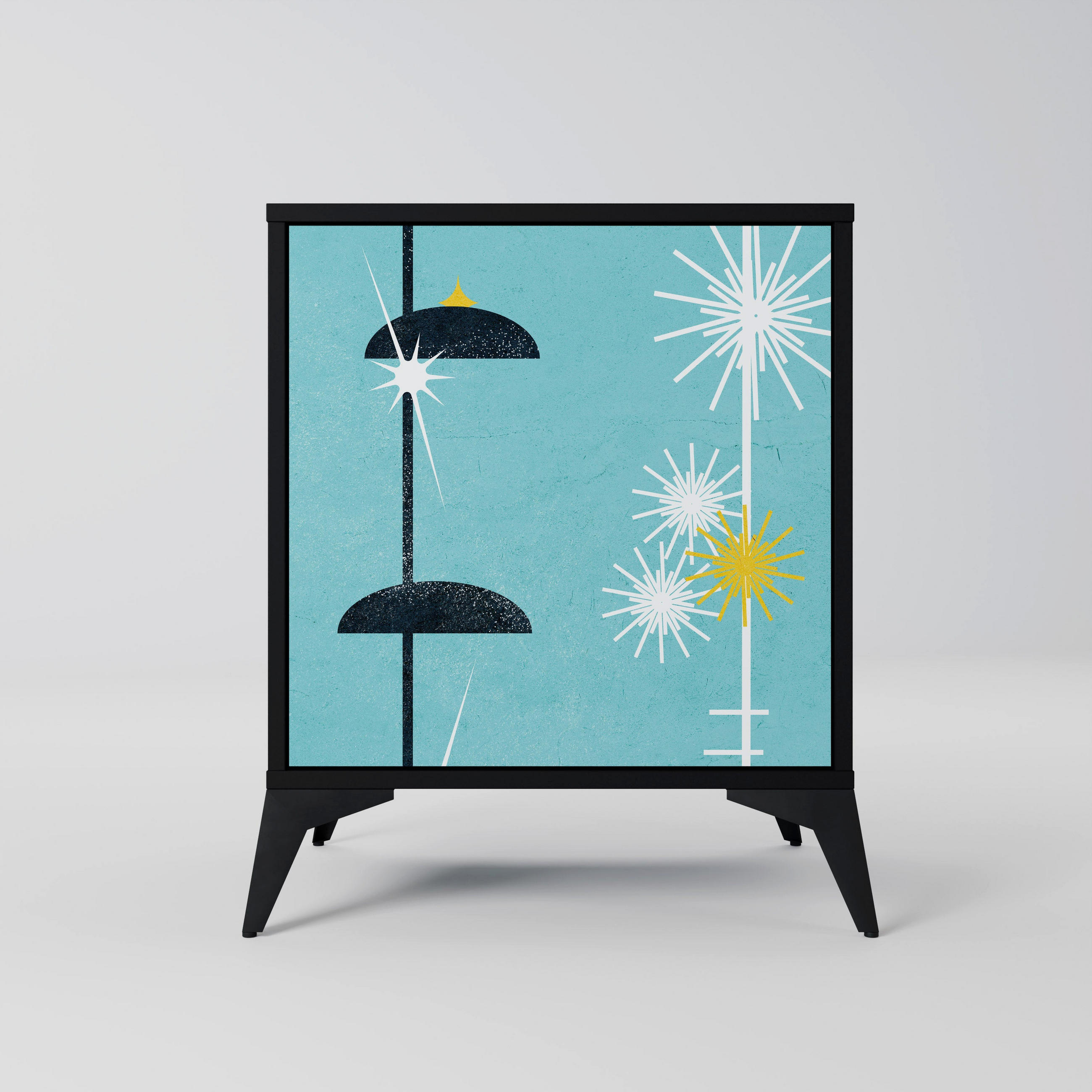 SIDEBOARD PATHS TO HAPPINESS, Schwarz, 57,5x42x70,5 cm, Schwarze Metall-Sternfüße - Multicolor/Schwarz, Holzwerkstoff/Metall (57.5/70.5/42cm) - SpaceRebels