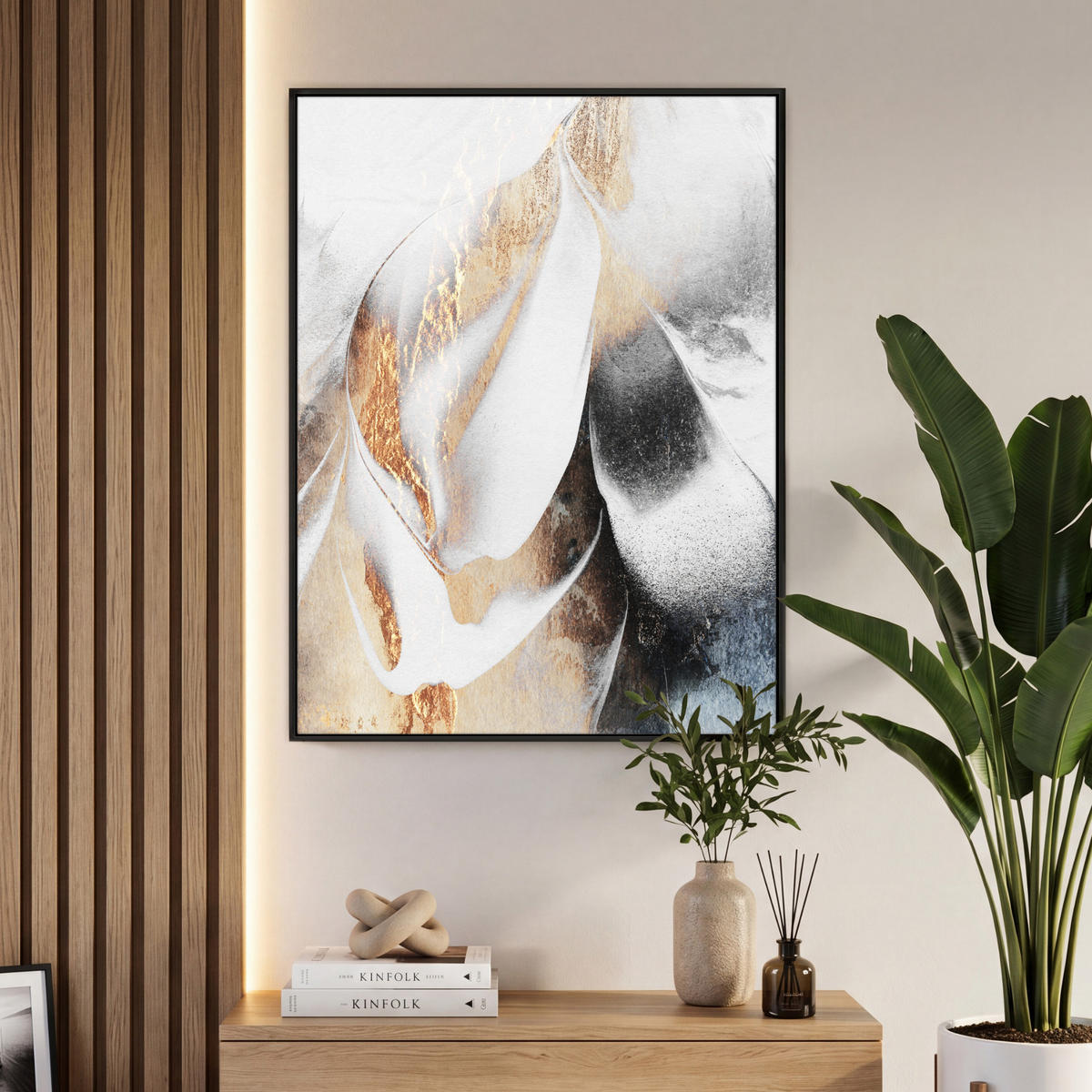 LEINWAND Bilder mit Rahmen - Luxus - Abstrakt - Gold - Weiß - 70x100 - Goldfarben, Textil (70/100cm) - MuchoWow