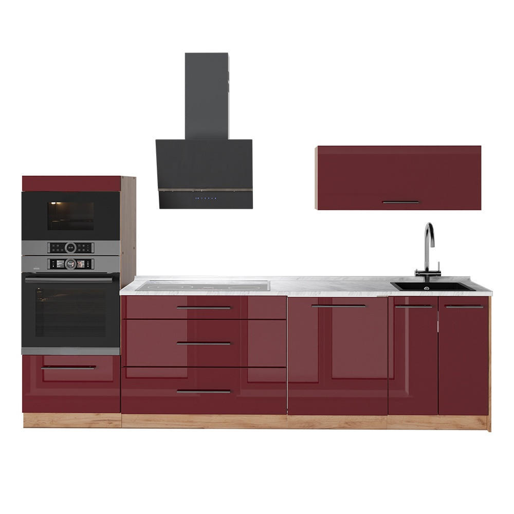 KÜCHENZEILE Fame-Line, Bordeaux Hochglanz/Goldkraft Eiche, 280 cm, AP Marmor - Honigeiche/Bordeaux, Holzwerkstoff (280/153.6/60cm) - Vicco