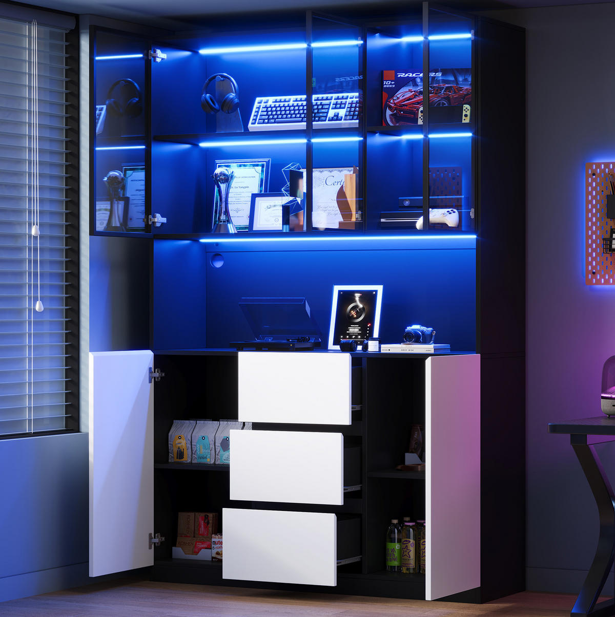 VITRINE aus MDF 120x40x200cm in Schwarz mit LED-Beleuchtung - Schwarz, Holzwerkstoff (120/200/40cm) - Modfu