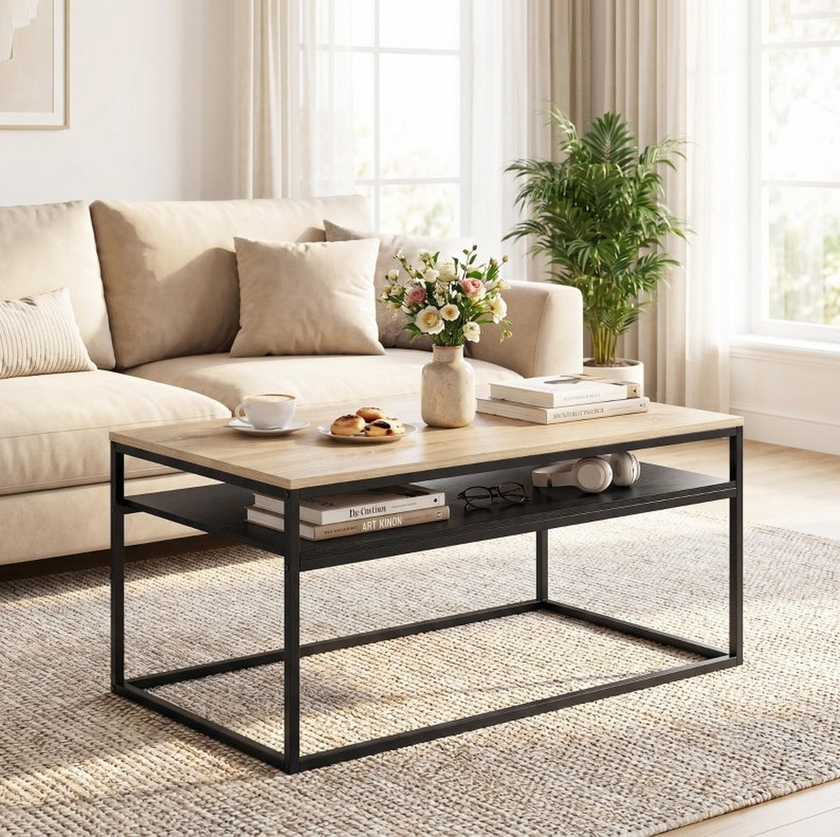 COUCHTISCH aus Spanplatte und Metall 100x59,8x47 cm Eiche/Schwarz mit Ablage - Eichefarben, Holz (100/59.8/47cm) - IVMEU
