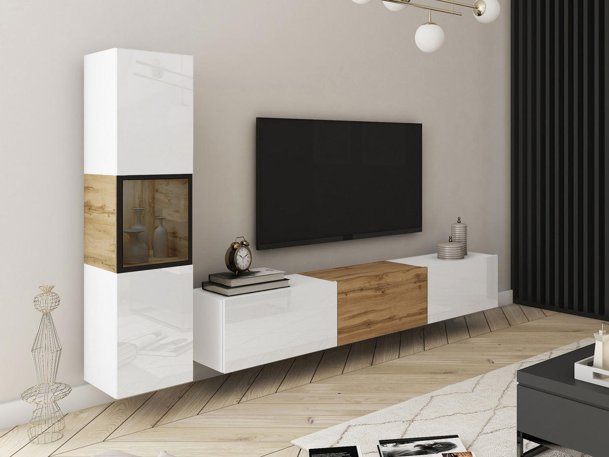 WOHNWAND Berlin I - Weiß Hochglanz/Eiche Wotan, Holzwerkstoff/Kunststoff (180/30/33cm) - MIRJAN24