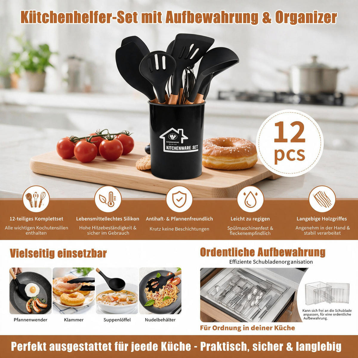 KÜCHENHELFER-SET, praktisches Küchenutensilien‑Set mit Kochbesteck, Reinigungsschwämmen und Aufbewahrungszubehör für den Haushalt - Schwarz, Kunststoff - Joyfair