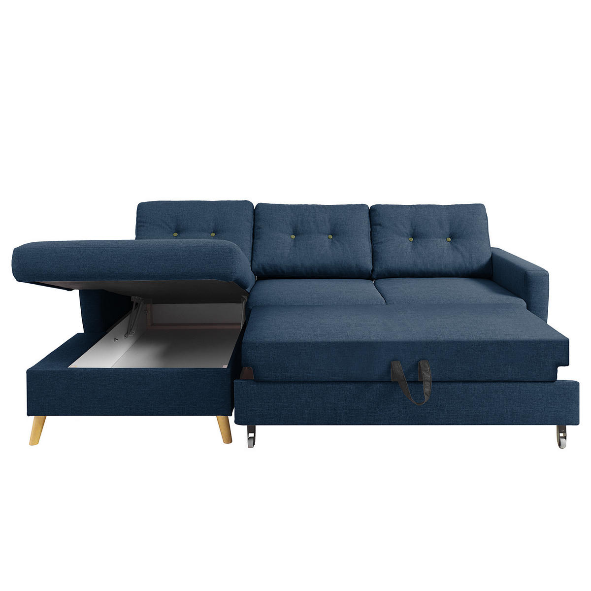 ECKSOFA mit Longchair - Hellbraun/Blau, Holz/Textil (233/148cm) - home24