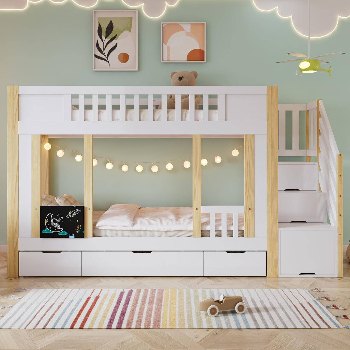 ETAGENBETT aus Kiefer und MDF 90x200 cm Weiß/Natur mit Stauraumtreppe, 3 Schubladen und Kritzeltafel - Weiß, Holzwerkstoff (90/200cm) - Modfu
