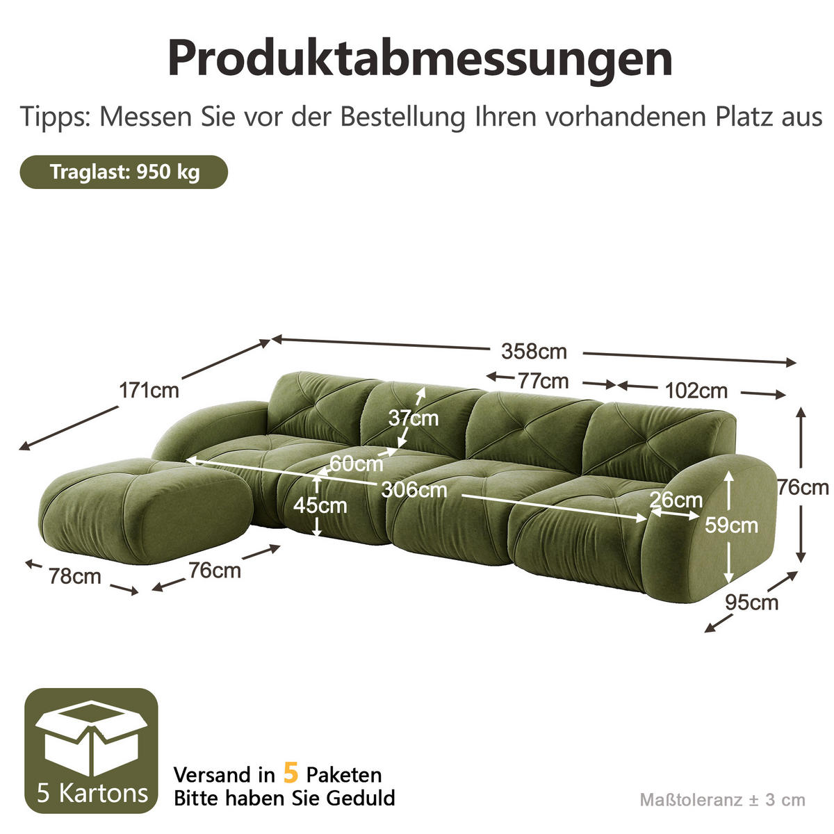 ECKSOFA 358/171/76 cm in Grün aus Chenille mit flexiblem Sitzkomfort - Grün, Textil (171/358cm) - Flora Grace
