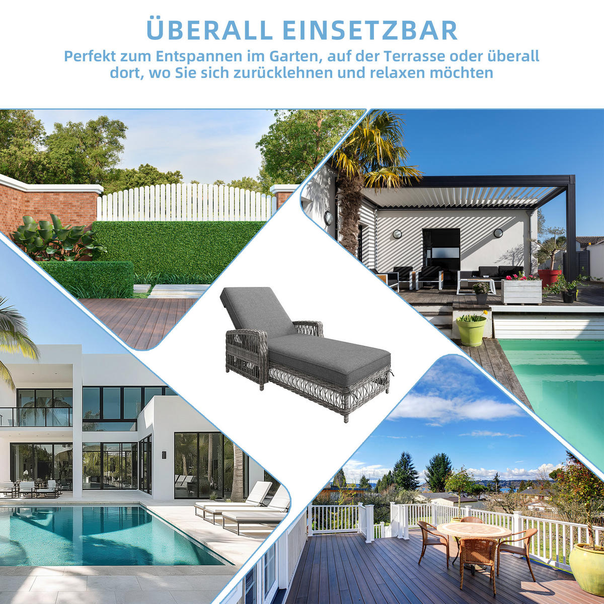 SONNENLIEGE Rattan Grau verstellbar Kissen wetterfest 1 Set - Grau, Metall (70/58/192cm) - FLIEKS