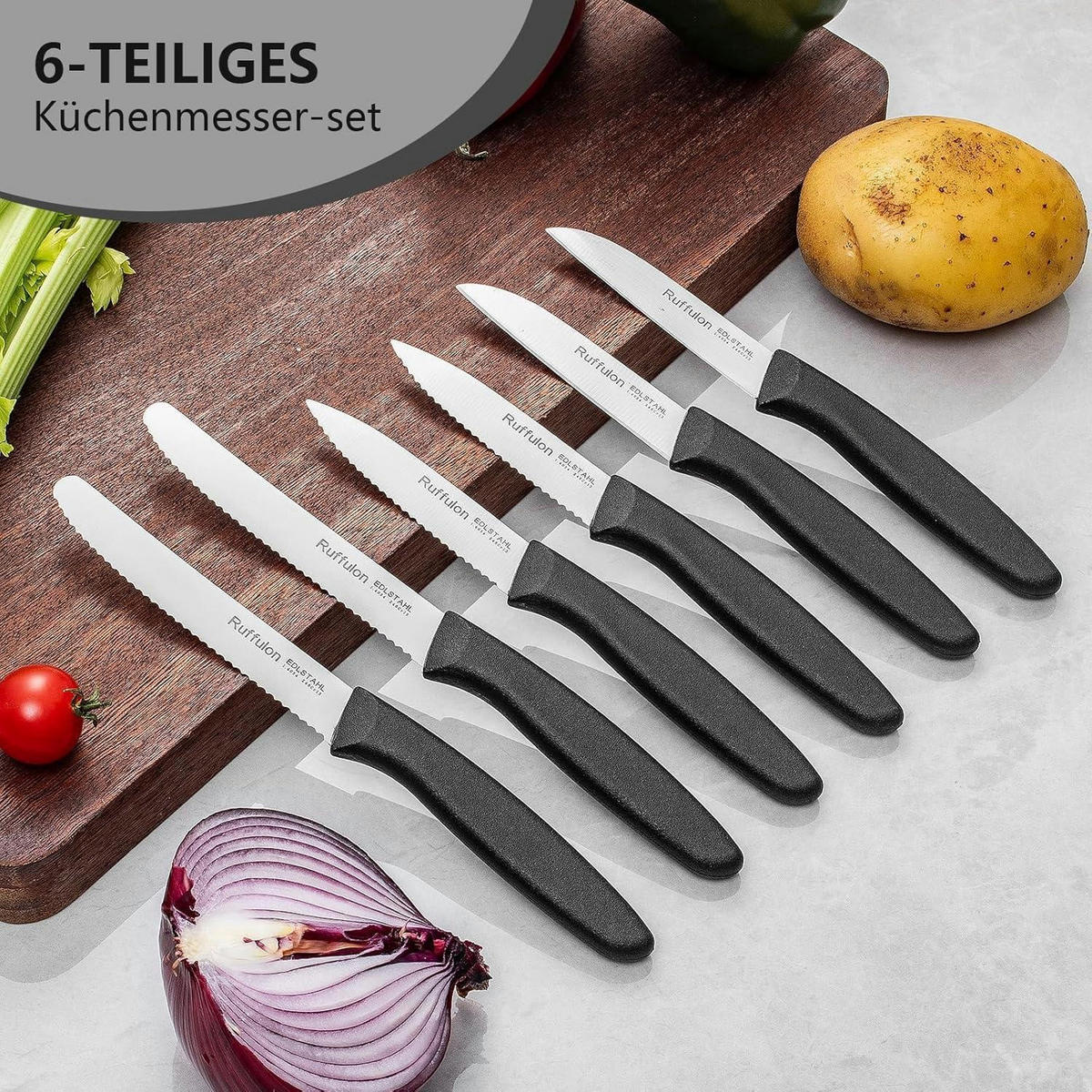 KÜCHENMESSERSET 6-teilig Edelstahl Schwarz - Hellgrau, Metall (18.8cm)
