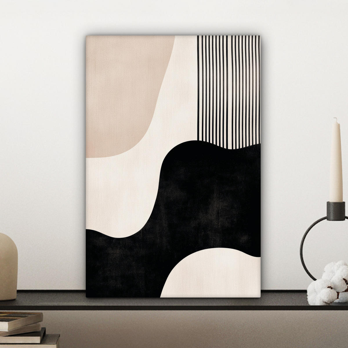 LEINWANDBILD Abstrakt - Japandi - Beige - Modern Deko Wohnzimmer 20x30 cm - Schwarz, Textil (20/30cm) - MuchoWow