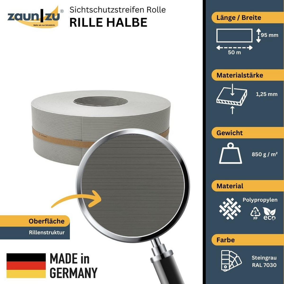 SICHTSCHUTZSTREIFEN Rille Halbe Rolle für Doppelstabmatten Steingrau 50m - Graubraun, Kunststoff (5000/9.5cm) - ZAUN|ZU