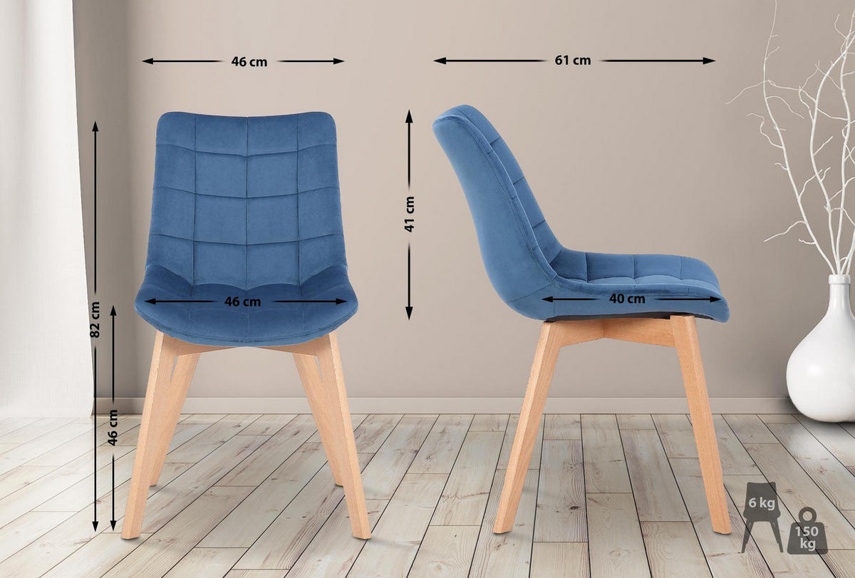 STUHL Samt Blau - Blau/Eukalyptusholzfarben, Holz/Textil (46/82/61cm) - CLP