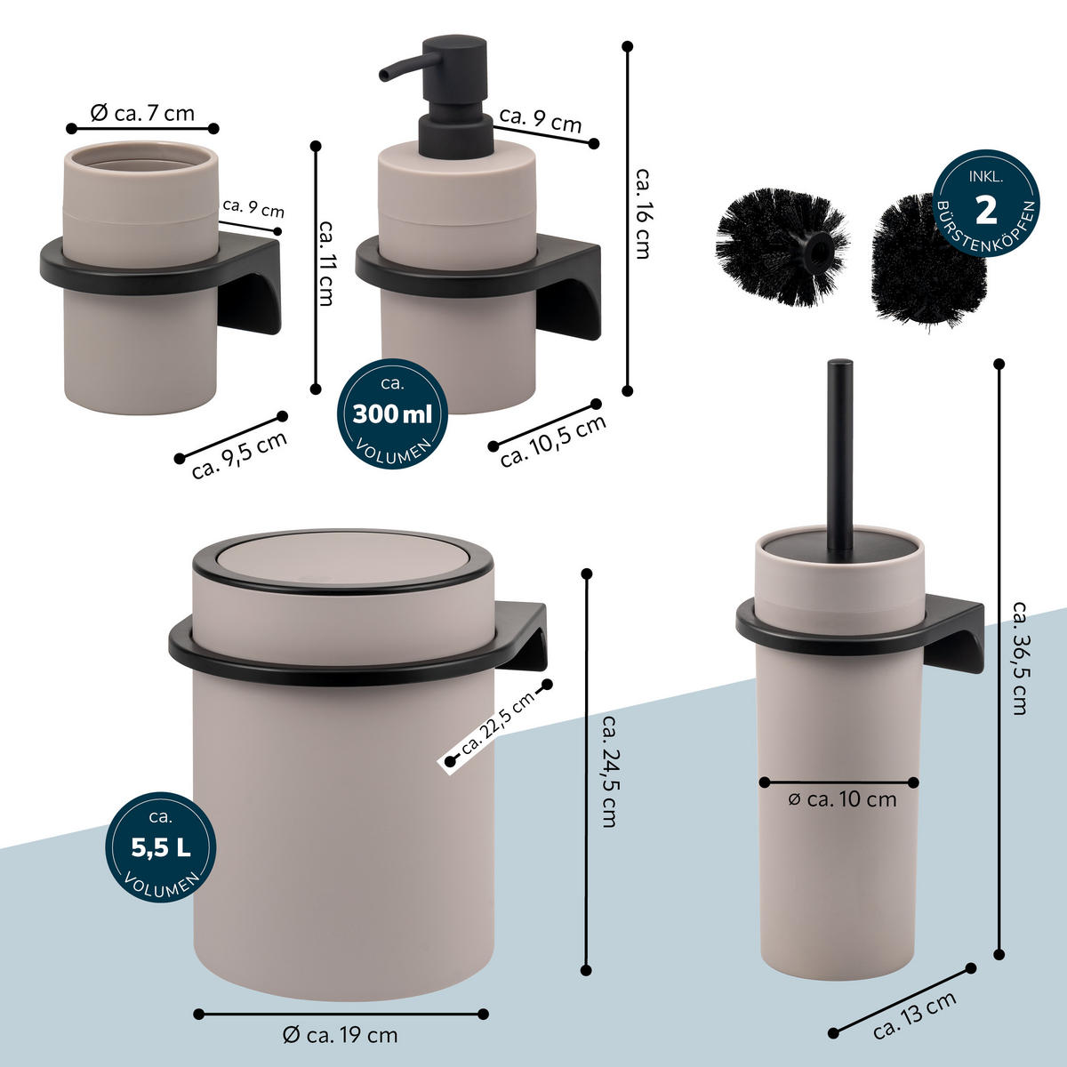 BAD-ACCESSOIRES-SET (4er-Set) SAVONA, Soft-Touch, taupe - Taupe, Kunststoff (19/24.5/19cm) - bremermann