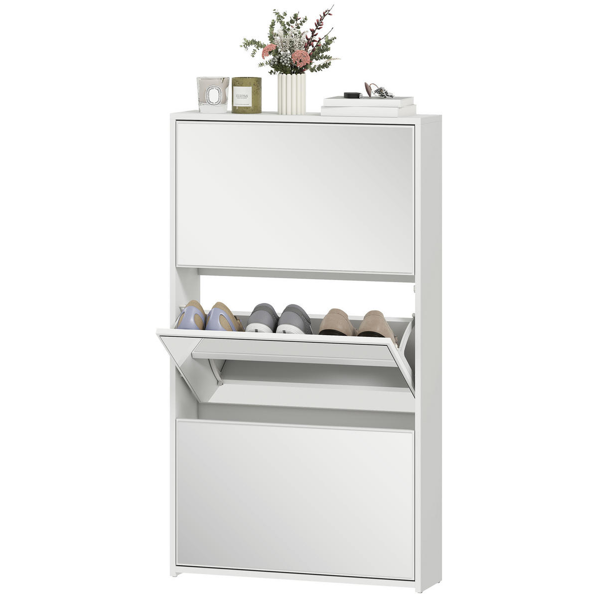 SCHUHSCHRANK,3 Türen mit Spiegel für 9 Paar 65x17x114,5cm,weiß - Weiß, Holzwerkstoff (65/114.5/17cm) - Vallsero