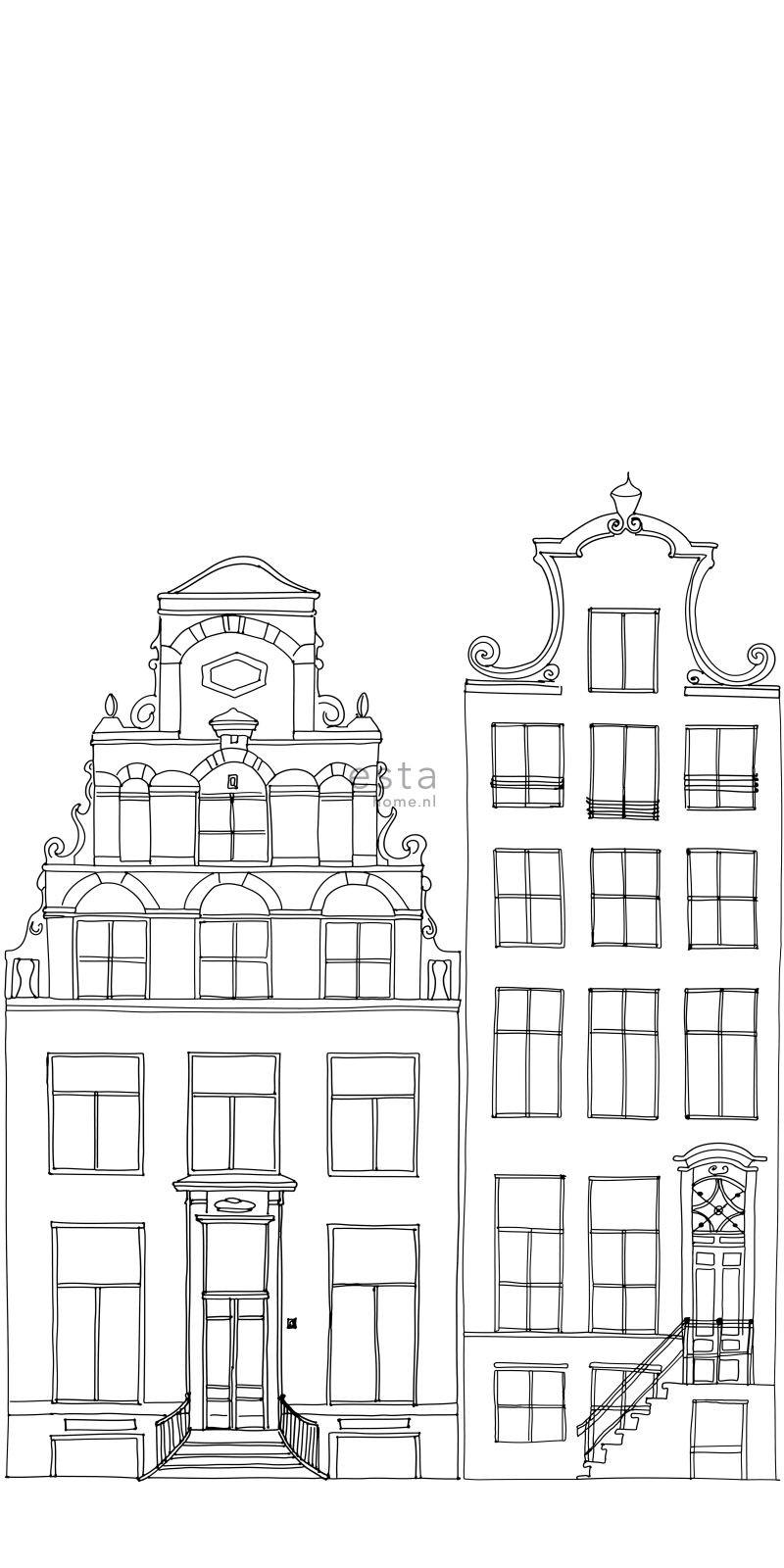 FOTOTAPETE gezeichnete Amsterdamer Grachtenhäuser 150 x 279 cm - Schwarz, Papier (150/279cm) - ESTAhome