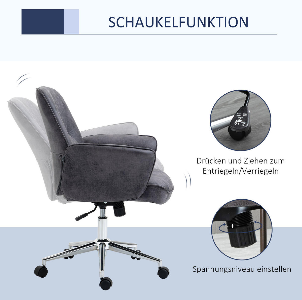 DREHSTUHL 67/69/92-102 cm in Dunkelgrau mit Wippfunktion und Höhenverstellung - Dunkelgrau, Metall (69/102/67cm) - Flora Grace