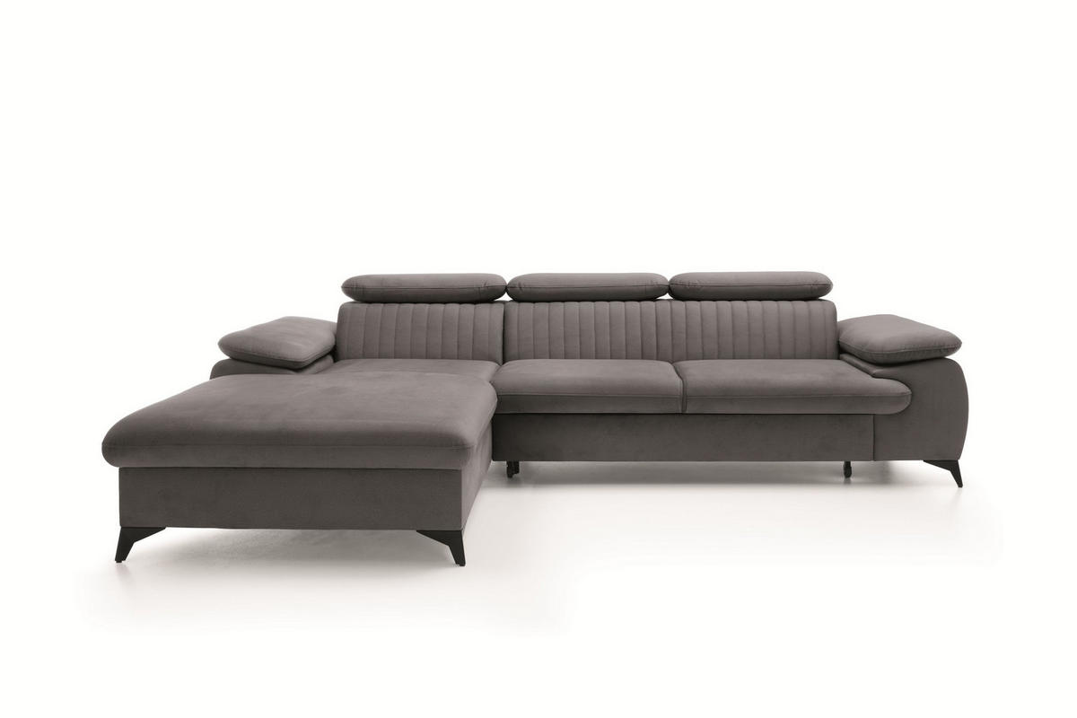 ECKSOFA FIORE Grau Velours-Stoff mit Schlaffunktion - Grau, Holz (120/120cm) - MASSENO