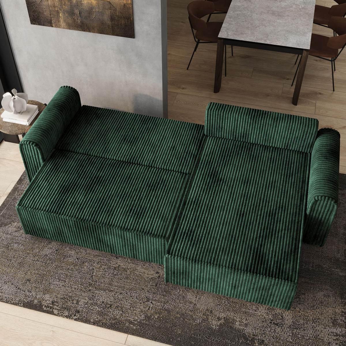 ECKSOFA VALTINO Grün Kordstoff mit Schlaffunktion - Grün, Holz (275/148cm) - MASSENO