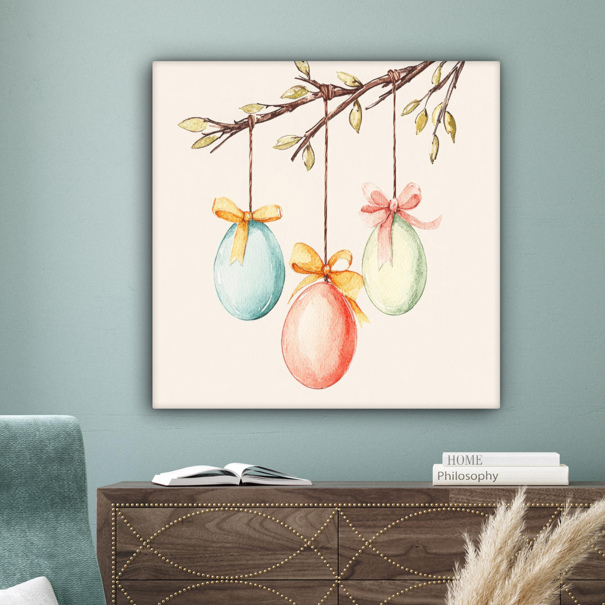 LEINWANDBILD Osterkuchen - Schleife - Eier Deko Groß 90x90 cm - Creme, Textil (90/90cm) - MuchoWow