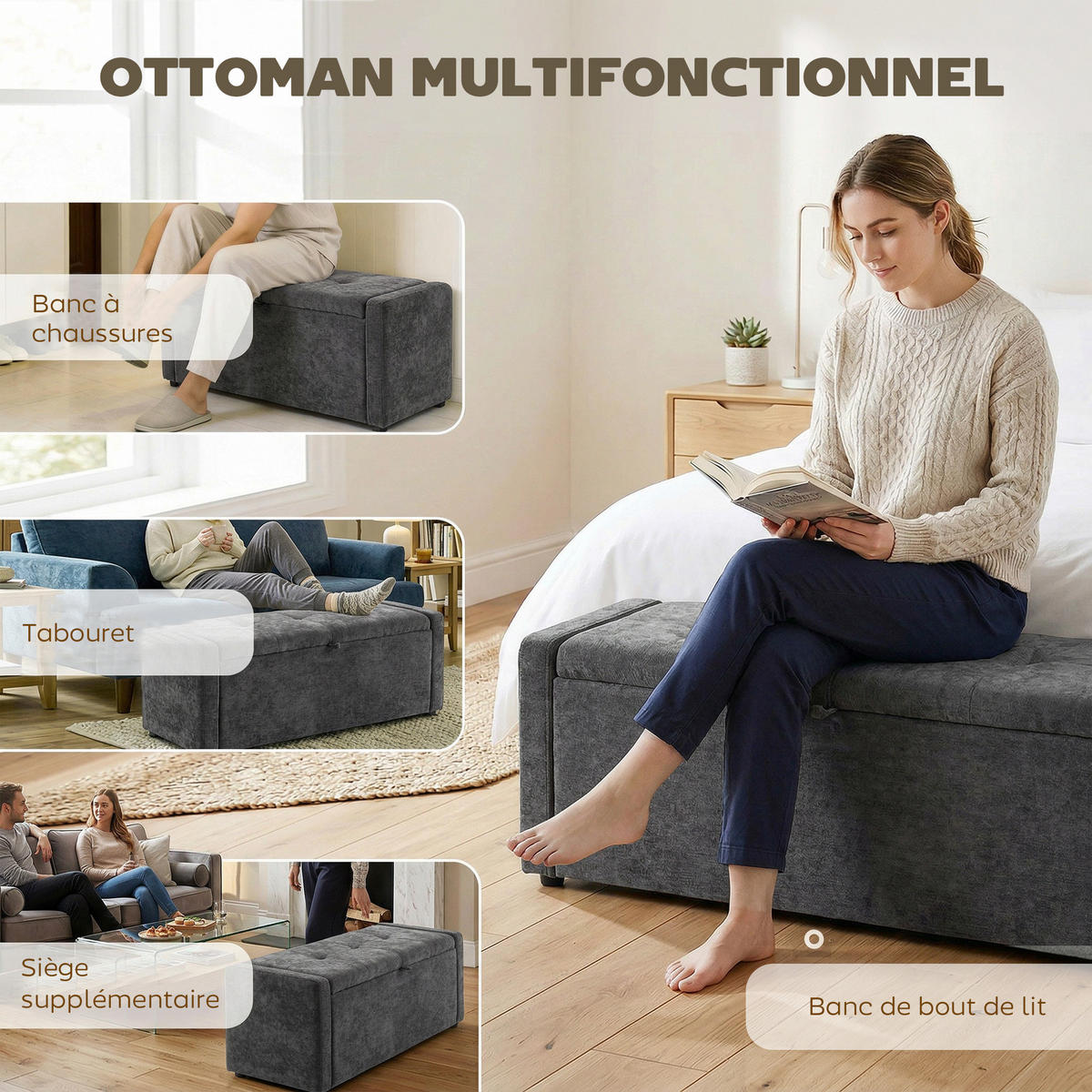 TRUHENBANK DE-16454 breit gepolstert mit Stauraum Dunkelgrau - Dunkelgrau, Textil (122/44/48cm) - ComfortXL
