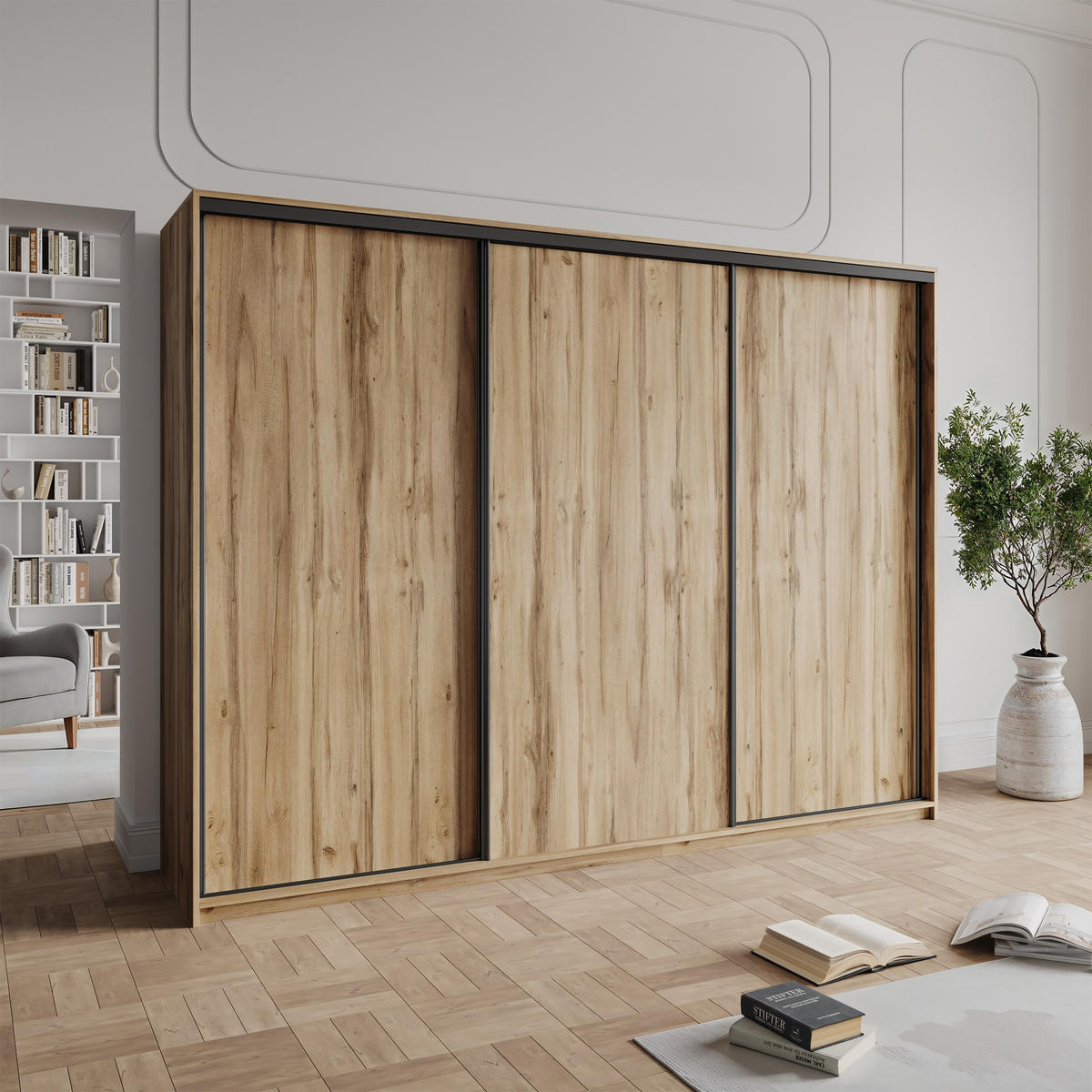 SCHWEBETÜRENSCHRANK NISSE 250/205/60 cm 3-türig mit Schubladen Eiche Wotan - Eiche Wotan/Schwarz, Holzwerkstoff (250/205/60cm) - MASSENO