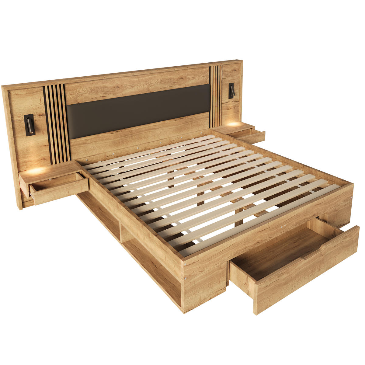 BETT 180/200 cm in Natur mit Bettkasten, Leselampe und Nachttischen - Naturfarben, Holzwerkstoff (180/200cm) - CHICFURN