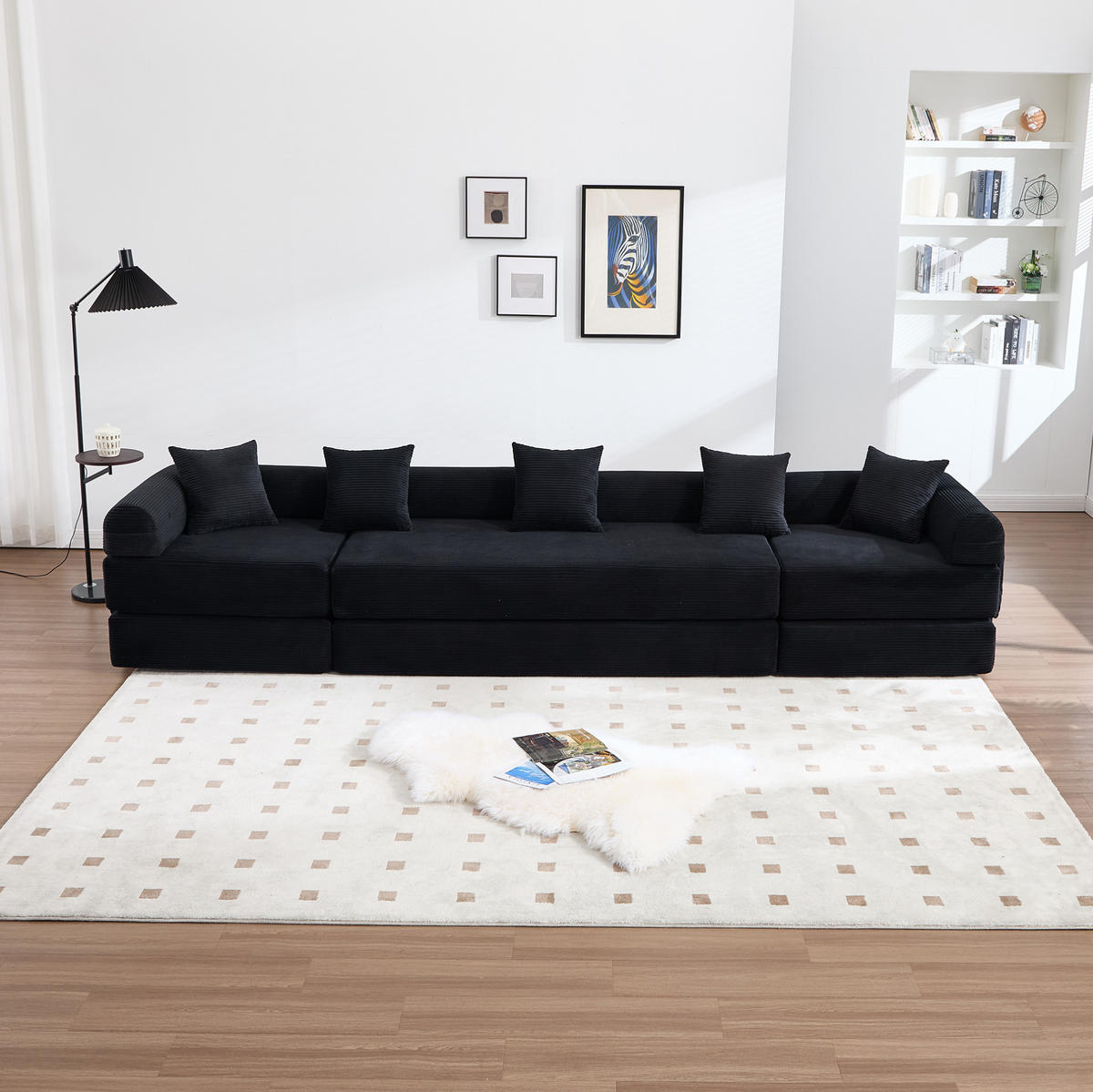 MODULSOFA 270/180/64 cm aus Cord mit Schlaffunktion und Stauraumtasche Schwarz - Schwarz, Textil (180/64/270cm) - Modenvie