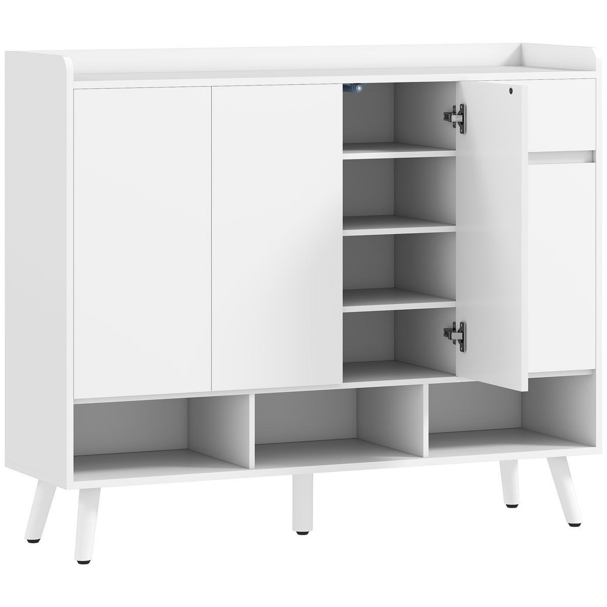 SCHUHSCHRANK mit 4 Tür, Druck zum Öffnen-Design Verstellbaren Ablagen, Schublade - Weiß, Holz/Holzwerkstoff (35/100/120cm) - HOMCOM