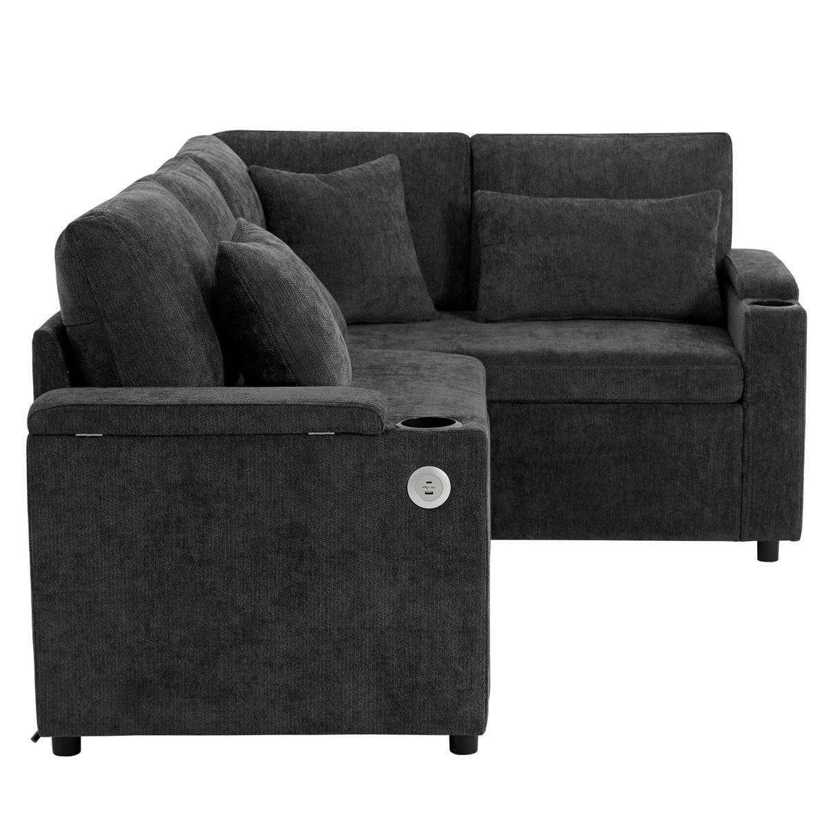 ECKSCHLAFSOFA 206.5/141/86 cm Dunkelgrau mit Stauraum, Getränkehalter, USB-Ladeanschluss und Armlehnenablage - Dunkelgrau, Textil (206.5/141cm) - Oxeza