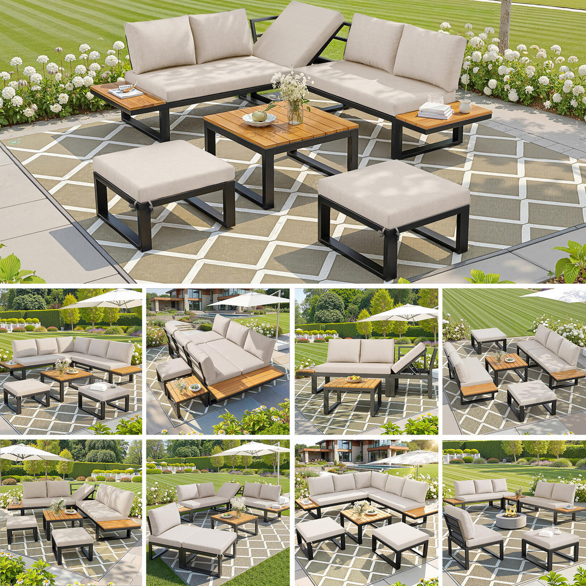 GARTENLOUNGE 6tlg Grau Beige Ecksofa Tisch Hocker verstellbar - Beige, Metall - FLIEKS