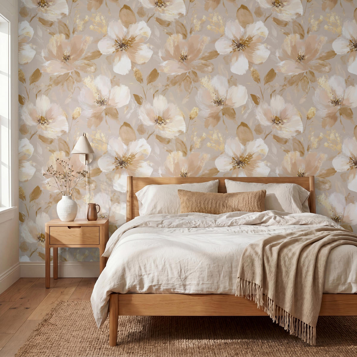 TAPETE - Blumen - künstlerisch - Gold - 300x240 cm - Beige, Papier (300/240cm) - OnlyWow