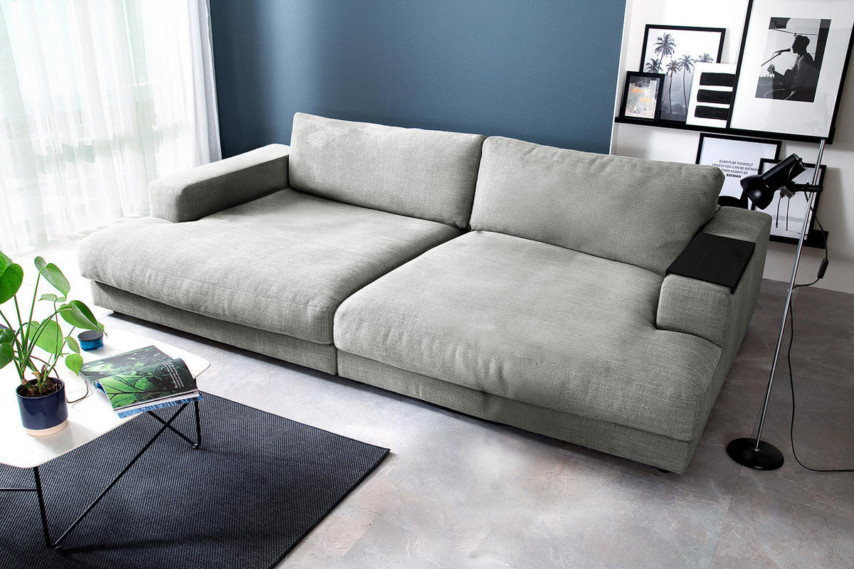 BIG SOFA XL MIT TABLETT MADELINE Silber Webstoff - Silberfarben/Schwarz, Kunststoff/Textil (290/85/190cm) - KAWOLA