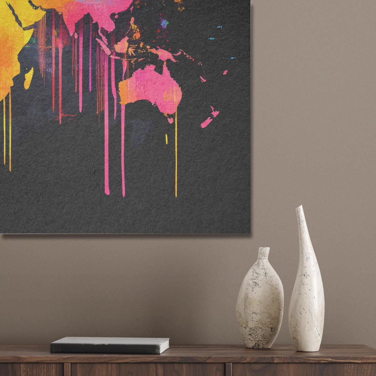 AKUSTIKBILD Weltkarte - Farbe - Bunt - Graffiti - Welt Gemälde 80x60 cm - Multicolor, Textil (80/60/0.9cm) - MuchoWow