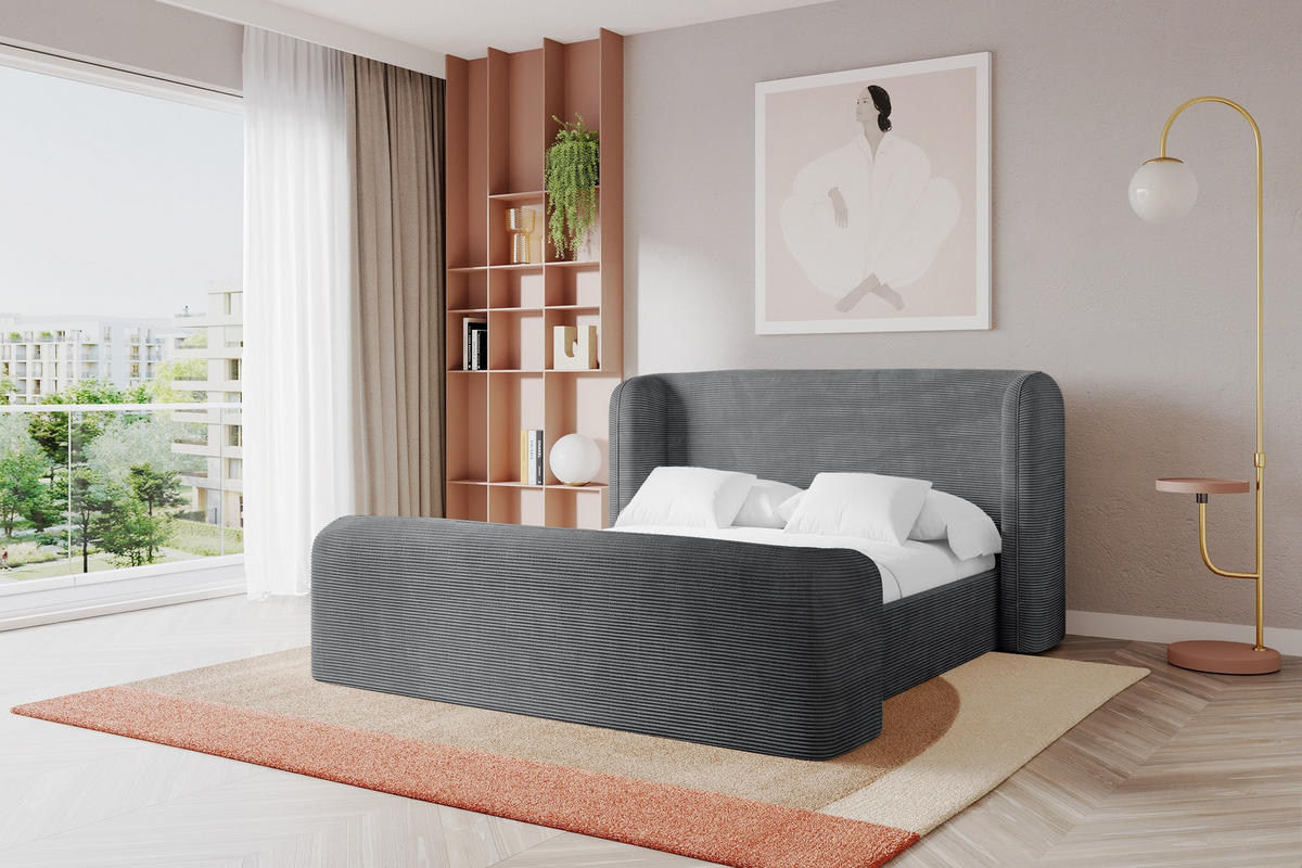 POLSTERBETT mit Bettkasten, Fußteil und Lattenrost, Boxbett ohne Matratze - ESTI-Z 160x200 Dunkelgrau - Anthrazit, Holzwerkstoff/Textil (160/200cm) - ALTDECOR