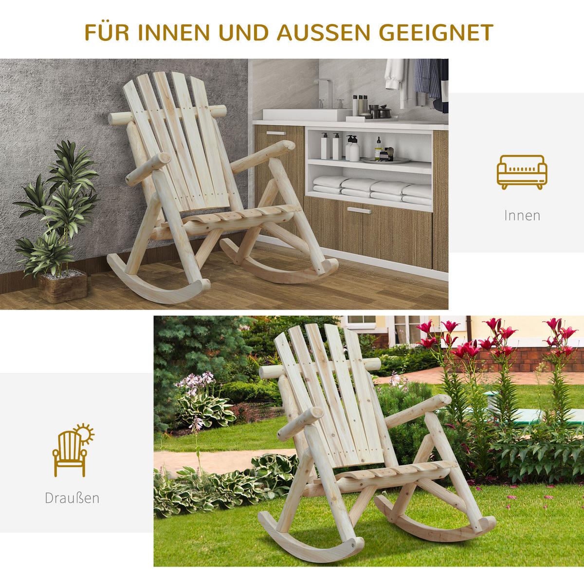 SCHAUKELSTUHL Schwingsessel Schaukel Gartenstuhl Relaxstuhl Tannenholz Natur - Fichtefarben, Holz (66/98/96cm) - Outsunny