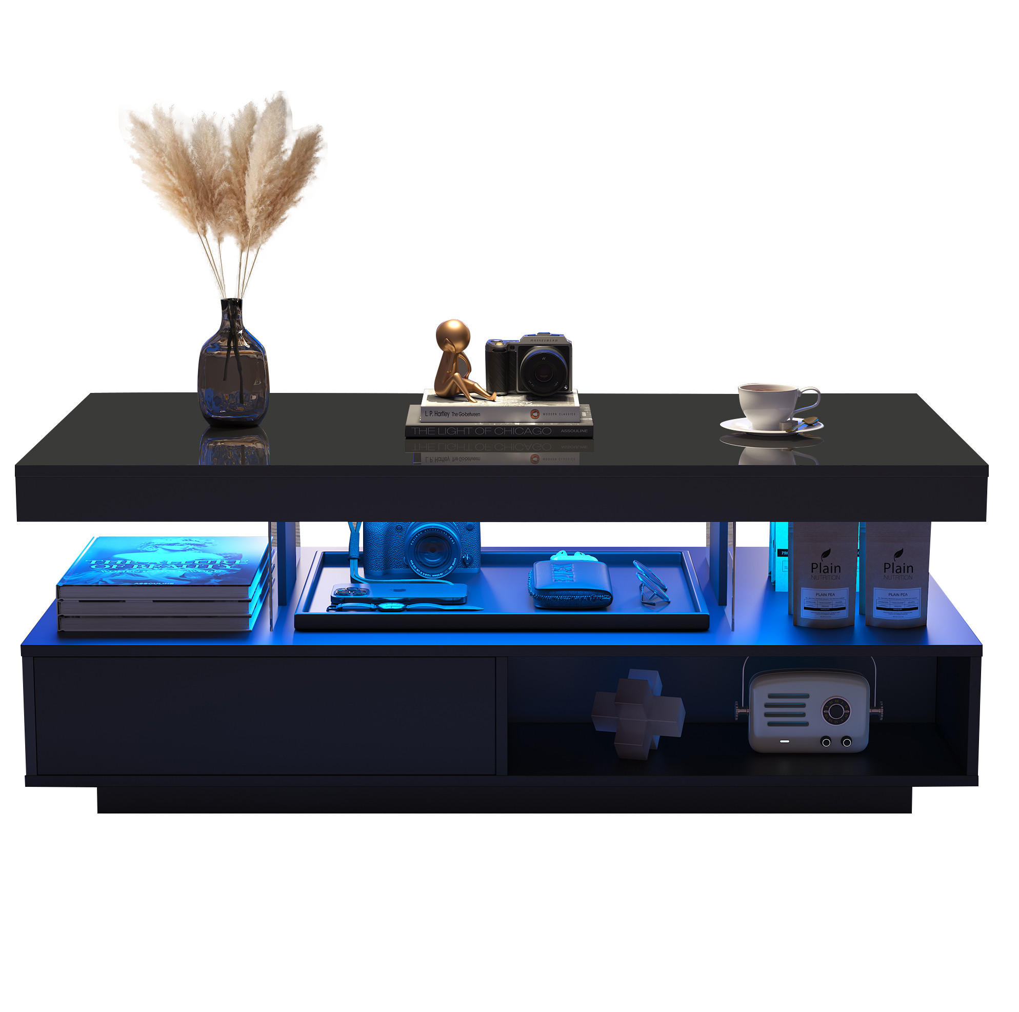 COUCHTISCH 95/50/42,5 cm Schwarz Hochglanz mit LED-Beleuchtung und 2 Schubladen - Schwarz, Holzwerkstoff (95/50/42.5cm) - Flora Grace