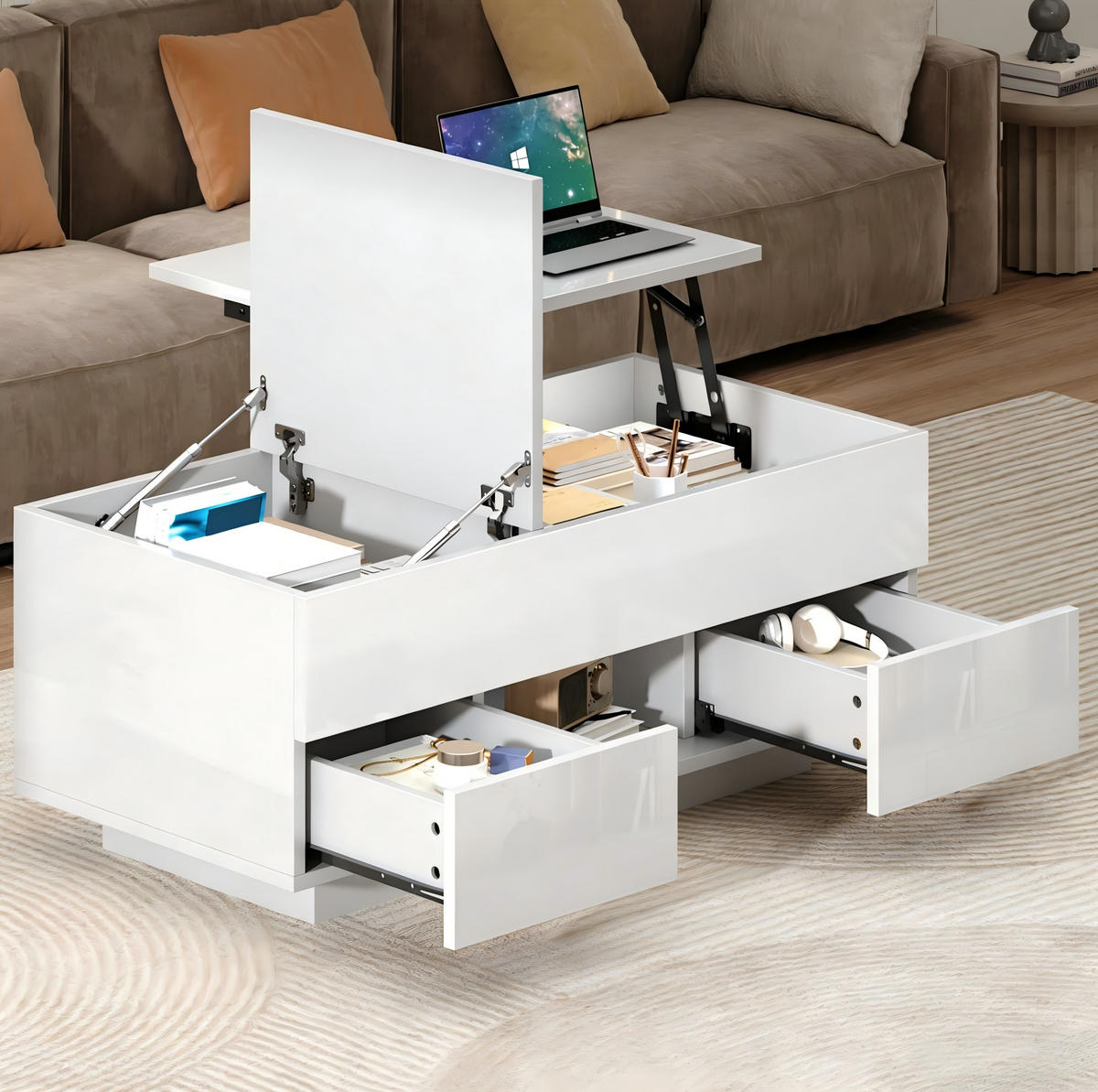 COUCHTISCH 100/45/43 cm höhenverstellbar mit klappbarer Tischplatte, 2 Schubladen, LED und Stauraum aus Spanplatte, Weiß - Weiß, Holzwerkstoff (100/45/43cm) - Redom