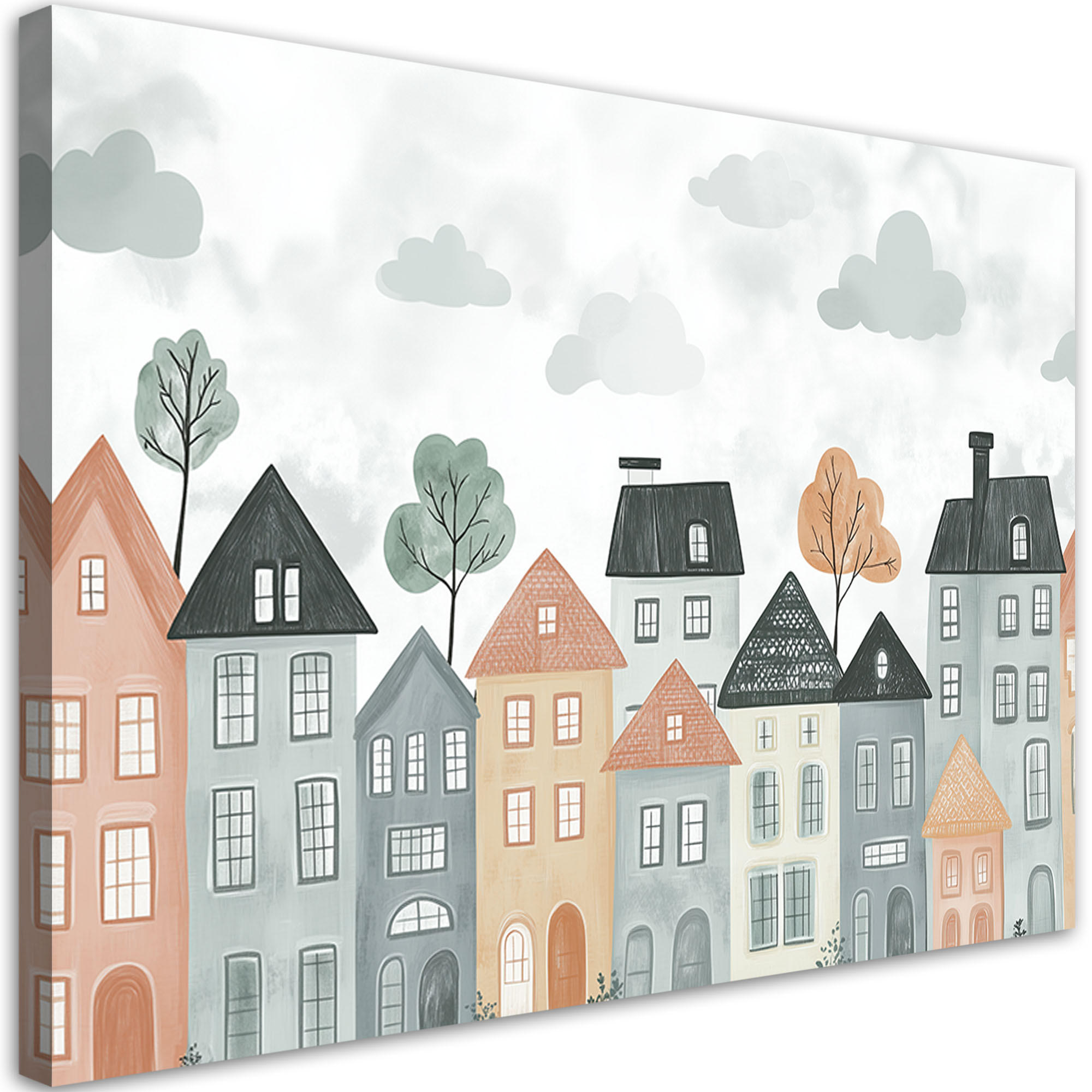 WANDBILD für kinderzimmer bunte häuser stadt - Grau, Textil (60/40cm) - Feeby