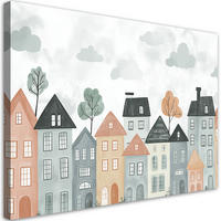 WANDBILD für kinderzimmer bunte häuser stadt - Grau, Textil (60/40cm) - Feeby